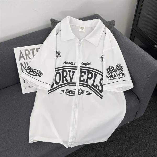 American Retro Short Sleeved Racing Suit Men Women Summer Street Wear Loose Casual Printed Zipper Cardigan Top Clothes