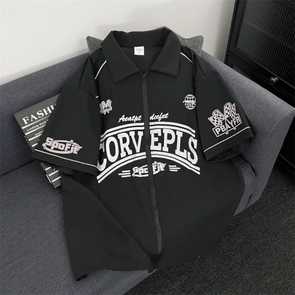 American Retro Short Sleeved Racing Suit Men Women Summer Street Wear Loose Casual Printed Zipper Cardigan Top Clothes