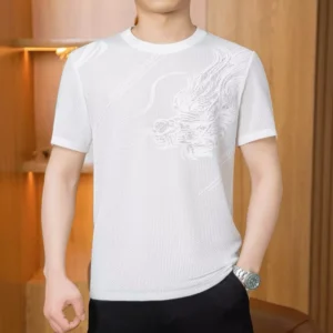 Summer Ice Silk Round Neck Short Sleeved Shirt Mens Bamboo Mesh Breathable Thin Half Sleeve Slim Fit Printed Quick Drying Top