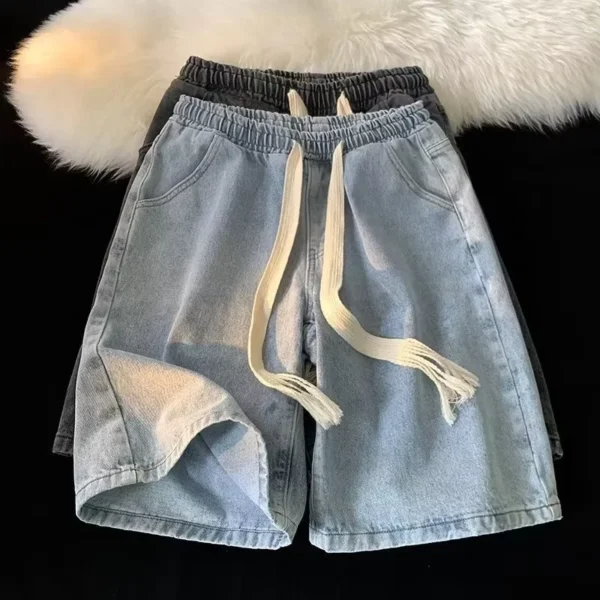 Drawstring Denim Shorts Men Summer Thin Style Street Wear Casual Middle Pants American Style Gray Straight Loose Large Size Fivepoint Pants
